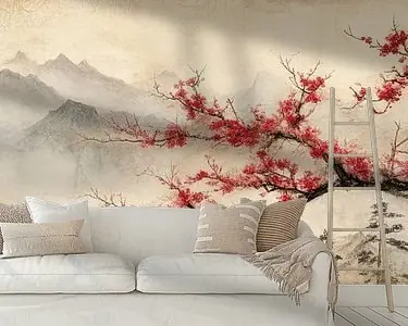 Oryginalny Kersenbloesem voor mistige bergtoppen Japandi panorama