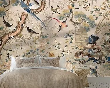 Autentyczny Honderd vogels, geborduurd paneel uit de Qing-dynastie.