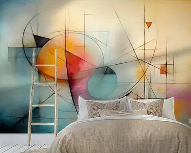 Oferta limitowana Abstract schilderij in pastel en turquoise met geometrische vormen \\u2013 Moderne kunst voor interieur