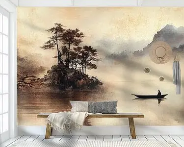 Najlepsza cena Mistige bergen en roeiboot op stil water Japandi panorama