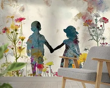 Hand in hand in het kleurrijke bloemenveld Popularny