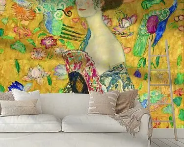 Dame met een waaier, Gustav Klimt (goud, digitaal aangepast) Wyprzedaż