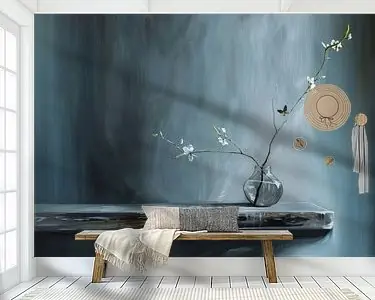 Stilleven met bloesem en een vlinder in blauw en wit Premium