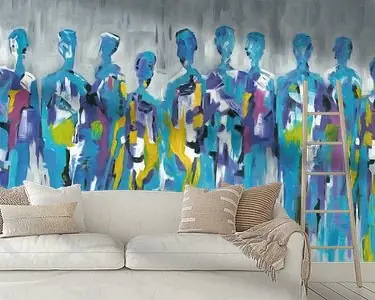 Autentyczny Blue Group of People | Blauw Figuratief Schilderij van Mensen