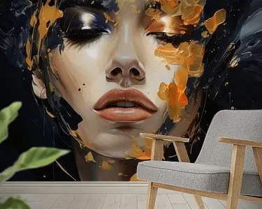 Premium Modern abstract portret in zwart en oranje\\/goud tinten