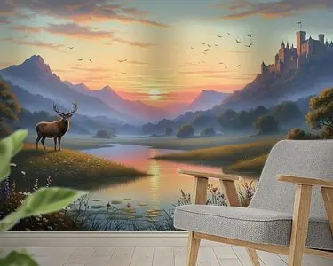 Hert bij rivier met zonsondergang, bergen en ver kasteel Darmowa dostawa