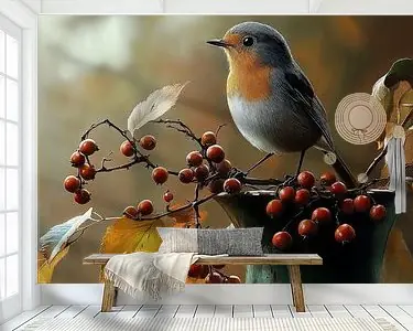 Roodborstje op Bessentak Oryginalny