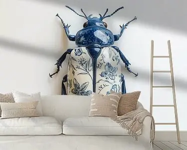 Premium Porseleinen kever met Delfts blauwe florale patronen