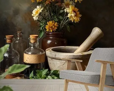 Kruiden en bloemen op apothekerstafel. Stilleven Autentyczny