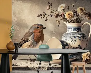 Roodborstje bij delfsblauw kopje Oryginalny