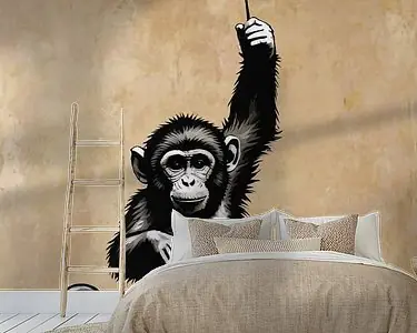 Chimpansee met rode ballon op beige achtergrond Wyprzedaż