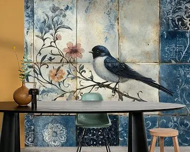 Popularny Oude tegels met prachtige bloemmotieven en sierlijke vogelsDelfts blauwe stijl