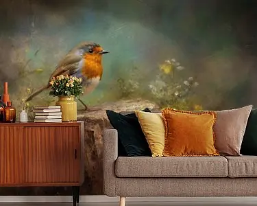 Roodborstje op een boomstronk \\u2013 Olieverf Schilderij in Herfstige Natuurtinten Darmowa dostawa