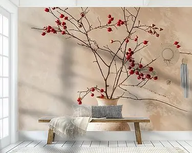 Antieke Vaas met Rode Bessentakken Autentyczny