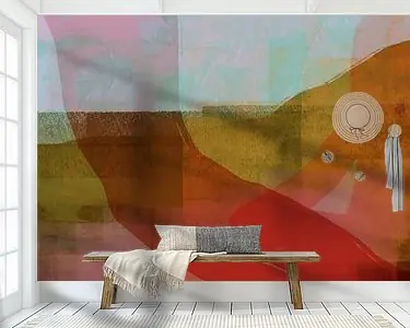 Modern abstract landschap. Warm rood, roze, turquoise, geel. Premium