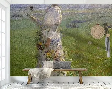 Mooi jong meisje loopt door de velden, een bloem in haar hand, Henri Martin Tylko dziś