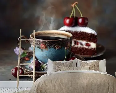 Koffie met Zwartewoudtaart en kersen - Zomers Stilleven Kup teraz