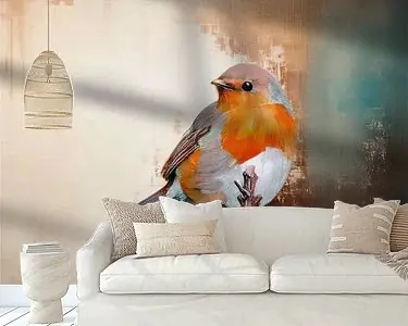 Najlepsza cena Rustig en sfeervol.Roodborstje op tak in warme tinten