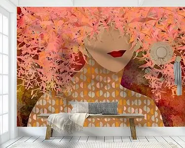 Ekspresowa dostawa Retro portret van een vrouw met bloemenhoed in warm rood, oranje, roze en bruin