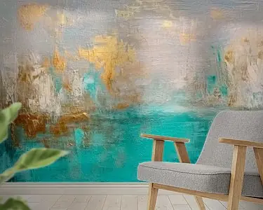 Abstract Schilderij - Turquoise en Goud Verfijnde Textuurkunst Oferta