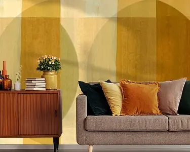 Szybka dostawa Mid Century Bauhaus Vormen Pastel Schilderij Mosterd Goud Geel Oker