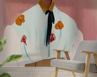 Kleurrijk eclectisch portret met roze achtergrond Autentyczny