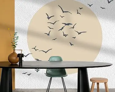 Tylko dziś Japandi. Abstract landschap met pastelbeige zon en vogels op Japans wit patroon