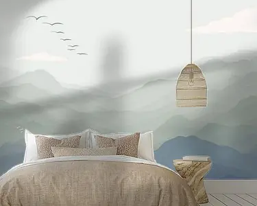 Kup teraz Berg uitzicht met vogels - Groen en blauw illustratie