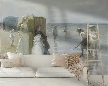 Gezicht langs de vloedlijn aan het Scheveningse strand, met twee dames en kinderen - Johan Antonie d Tani