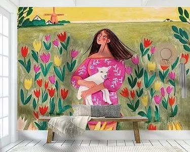 Popularny Vrouw in lente tulpen veld