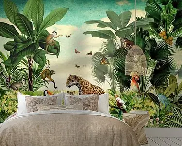 Szybka dostawa Jungle met luipaard, apen, toekan en tropische vogels