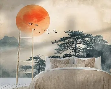 Kup teraz Aziatische zen landschap met oranje zon