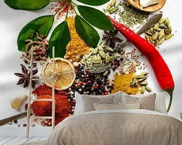 Verzameling van Specerijen en Kruiden op olijfhouten lepels | Flat Lay Fotografie Oferta