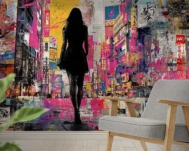 Nowość Street Art Vrouw - Tokyo Neon Levendig Schilderij