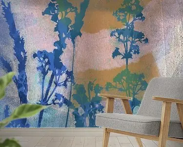 Abstracte botanische kunst in retro vibes en pastelkleuren. Blauwe bloemen op bruin Wyprzedaż