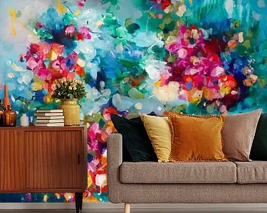 Rabat Showers of flowers - impressionistisch bloemenschilderij met blauwe achtergrond