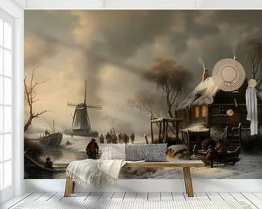 Hollands winterlandschap schilderij met oude boerderij en molen Popularny