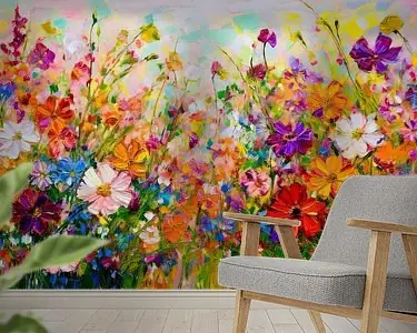 Autentyczny Modern en abstract. Bloemenveld in felle kleuren