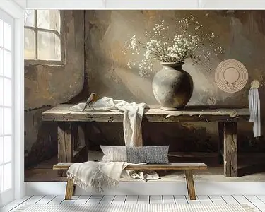 Roodborst bij vaas met bloemen - landelijke stijl Szybka dostawa