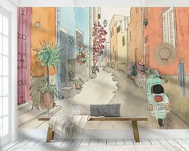 Op pad met de groene scooter (vrolijk aquarel schilderij smalle straat dorp vakantie Italië reizen) Ostatnia szansa