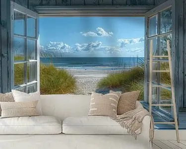 Uitzicht door een open raam op het strand Bezpieczna płatność