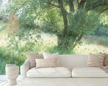 Een romantisch plekje (een mooi plekje met een wilgenboom en klaprozen en grassen) Zwrot pieniędzy