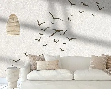 Niska cena Japandi. Abstract landschap in sepia bruin met vogels op Japans bullseye patroon.