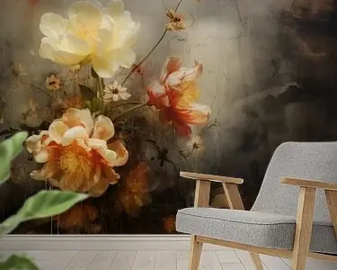 Tani Bloemen tegen een abstracte achtergrond in wabi-sabi stijl