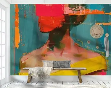 Modern abstract portret in felle neon kleuren Rabat