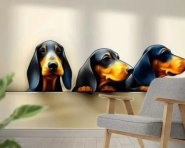 3 Teckels kijken over een muur Nowość