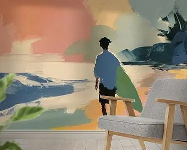 Tani Abstracte surfer op het strand in het zonlicht