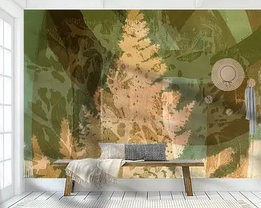 Premium Abstracte retro botanische kunst in groen, bruin, beige. Varen.