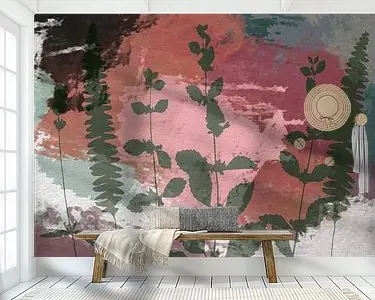 Bladeren en planten op pastel. Botanisch in retrostijl op roze, roestig oranje, rood, bruin Wysoka jakość