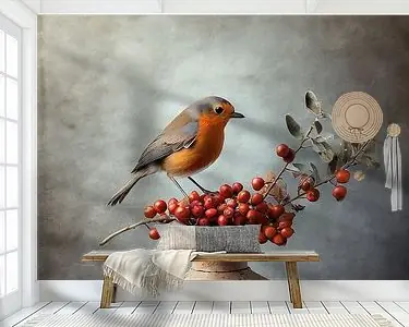 Stilleven vogeltje op besjes en takjes in een vaas Promocja